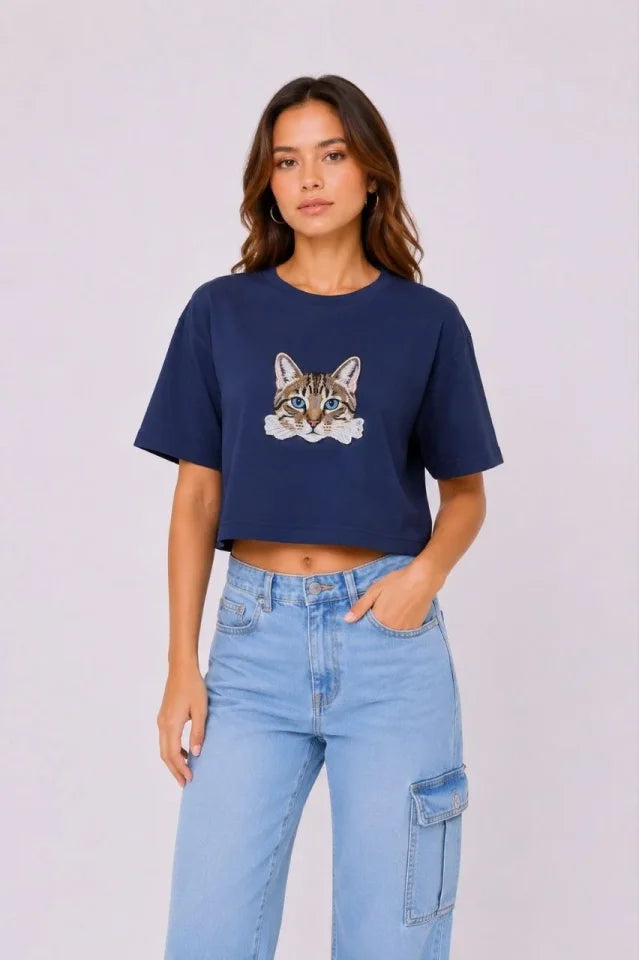 Kedi Baskılı Oversize Crop Tişört Salaş Basic Yarım Kol T-shirt - Lacivert (190649)