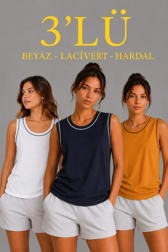3’lü Kolsuz Sporcu Atlet Seti Yazlık Bisiklet Yakalı - Beyaz, Lacivert, Hardal (191002)