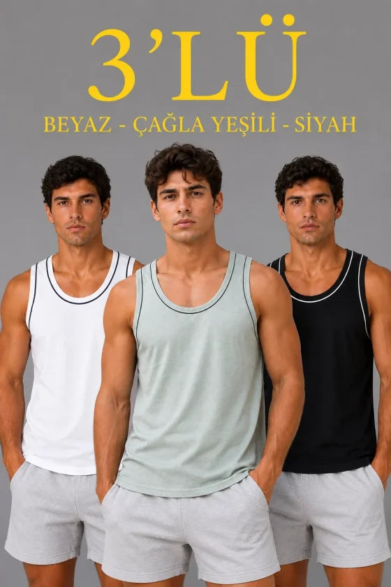 Erkek 3'lü Kolsuz Sporcu Atlet Seti Yazlık Bisiklet Yakalı - Mint Yeşili / Siyah / Beyaz (191014)