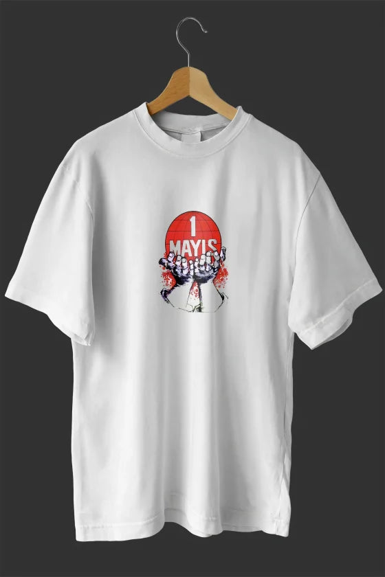 1 Mayıs Emek ve Dayanışma Günü Baskılı Oversize Bisiklet Yaka T-shirt - Beyaz (191092)