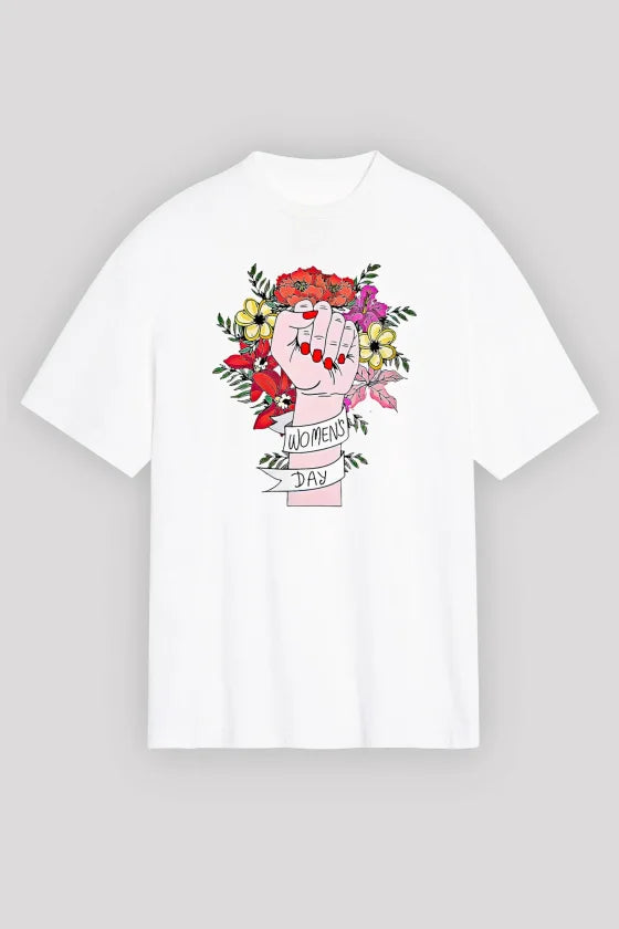 8 Mart Dünya Kadınlar Günü Baskılı Oversize Bisiklet Yaka T-shirt - Beyaz (191095)
