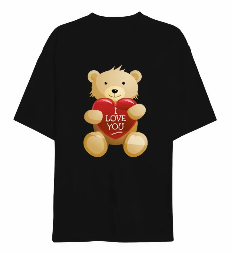 14 Şubat Sevgililer Günü I Love You Ayı Baskılı Oversize Bisiklet Yaka T-shirt - Siyah (191098)