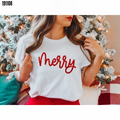Yılbaşı Merry Christmas Baskılı Kısa Kollu Oversize Bisiklet Yaka Tshirt Beyaz
