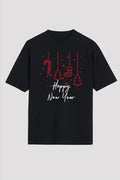 Yılbaşı Happy New Year Baskılı Kısa Kollu Oversize Bisiklet Yaka T-shirt - Siyah (191113)