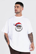 Yılbaşı Gözlüklü Noel Baba Baskılı Kısa Kollu Oversize Bisiklet Yaka T-shirt - Beyaz (191115)