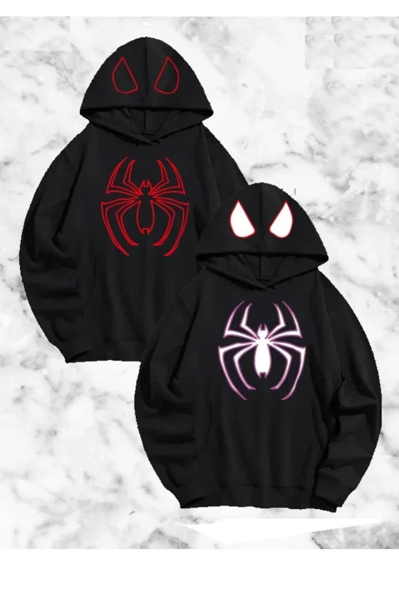 Sevgili Çift Kombini Örümcek Baskılı Kapüşonlu Sweatshirt Hoodie - Siyah (191116)