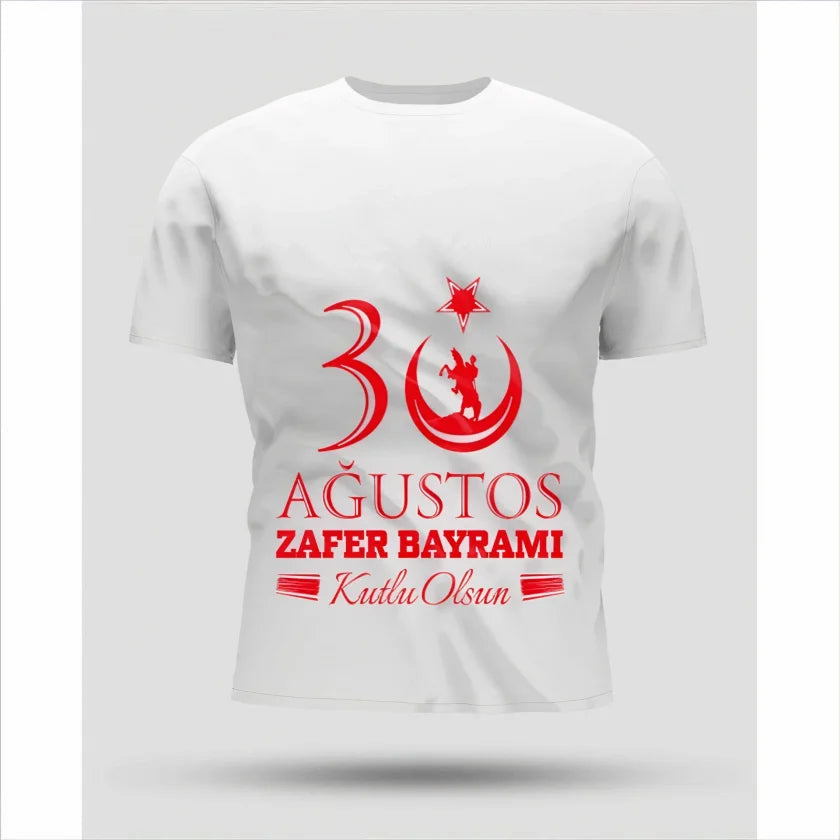 30 Ağustos Zafer Bayramı Baskılı Oversize Bisiklet Yaka T-shirt - Beyaz (191131)
