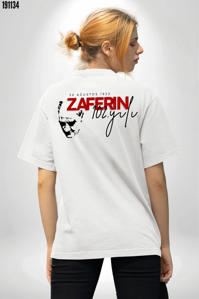 30 Ağustos Zafer Bayramı Atatürk Temalı Oversize Bisiklet Yaka Tshirt Beyaz