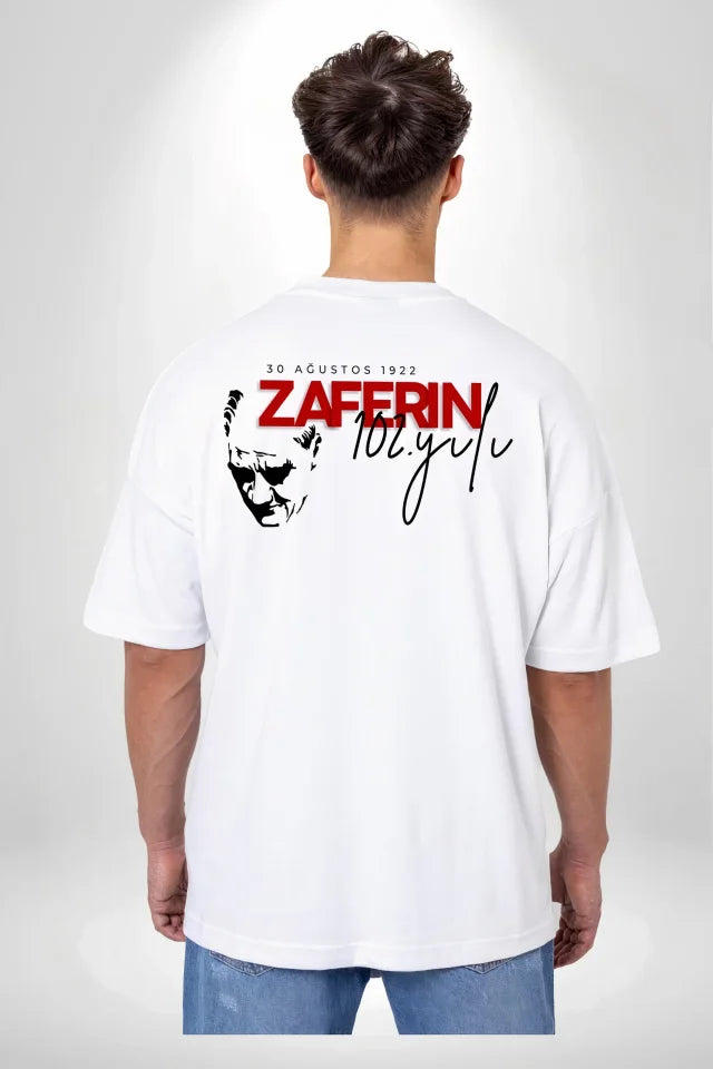 30 Ağustos Zafer Bayramı Ön Arka Baskılı Oversize Bisiklet Yaka T-shirt - Beyaz (191135)