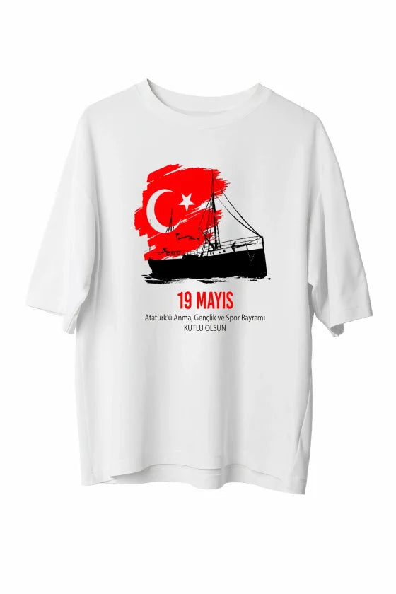 19 Mayıs Atatürk'ü Anma Gençlik ve Spor Bayramı Baskılı Oversize T-shirt - Beyaz (191142)