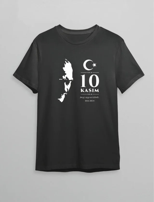10 Kasım Atatürk Anma Günü Silüet Baskılı Oversize Bisiklet Yaka T-shirt - Siyah (191147)