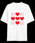 Anneler Günü Hediye MOM Kalp Baskılı Oversize Bisiklet Yaka Tshirt Beyaz