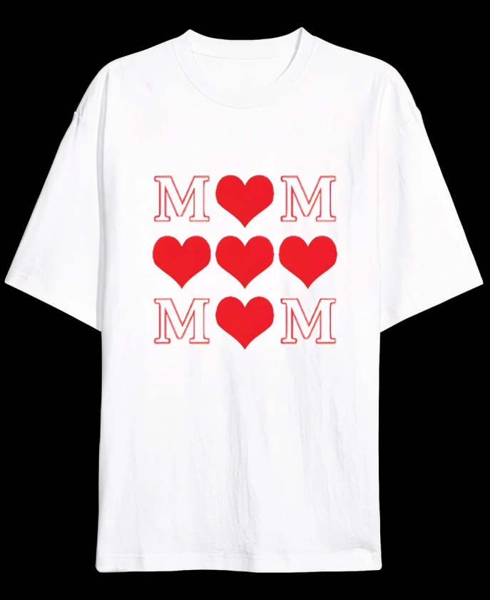 Anneler Günü Hediye MOM Kalp Baskılı Oversize Bisiklet Yaka Tshirt Beyaz