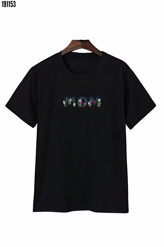 Anneler Günü Mom Çiçek Temalı Baskılı Oversize Bisiklet Yaka Tshirt Siyah