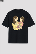 Anneler Günü Hediye Anne Kız Temalı Baskılı Oversize Bisiklet Yaka Tshirt Siyah