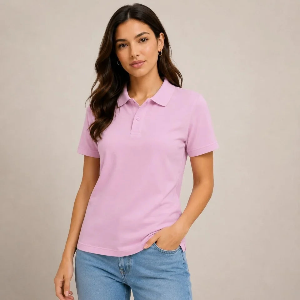 Polo Yaka Pike Kumaş Düğmeli Basic Tişört Günlük Rahat - Pembe (191312)