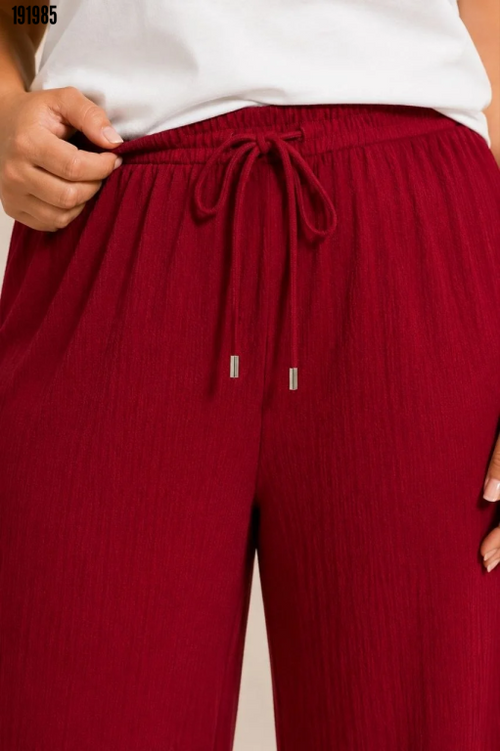Battal Beden Bürümcük Kumaş Beli Lastikli Bağcıklı Bol Paça Palazzo Pantolon Bordo