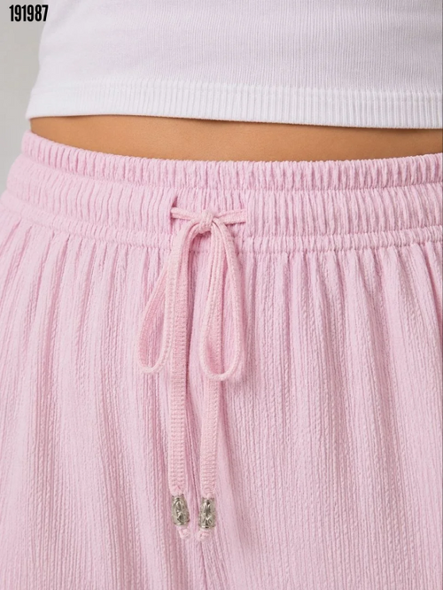 Battal Beden Bürümcük Kumaş Beli Lastikli Bağcıklı Bol Paça Palazzo Pantolon Pembe