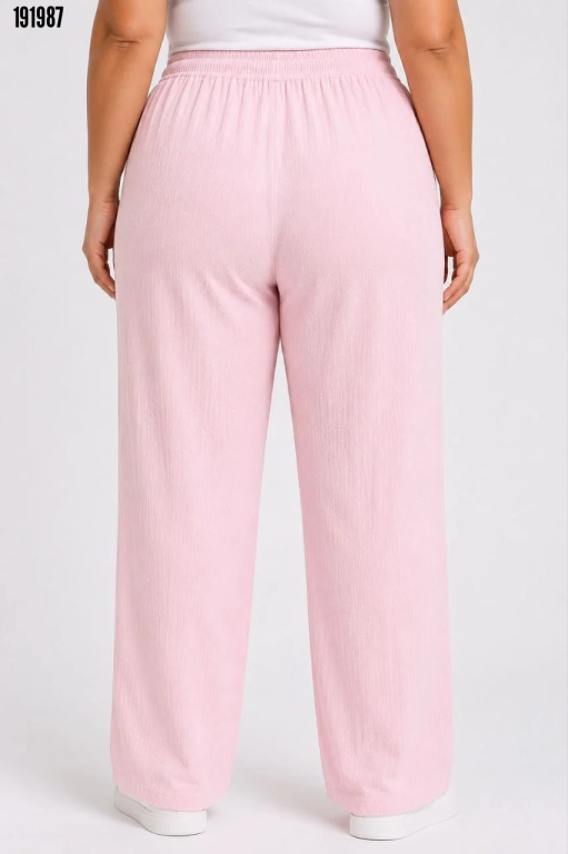 Battal Beden Bürümcük Kumaş Beli Lastikli Bağcıklı Bol Paça Palazzo Pantolon Pembe
