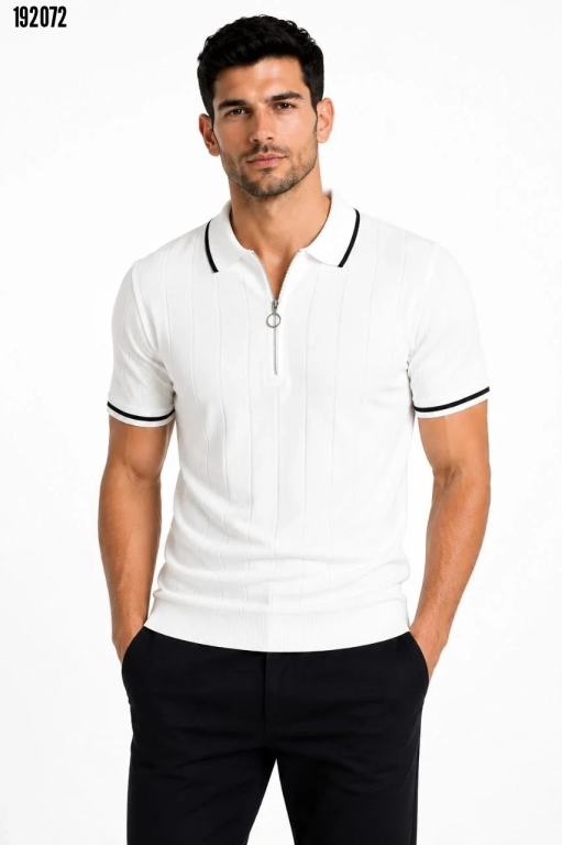 Erkek Fitilli Triko Tshirt Polo Yaka Yarım Fermuarlı Kısa Kollu Tişört Beyaz