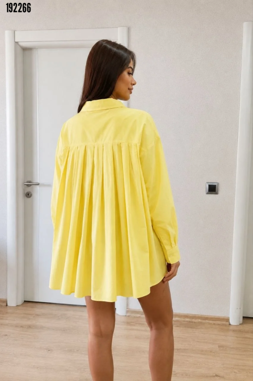 Oversize Pens Detaylı Cepli Yırtmaçlı Rahat Kalıp Poplin Gömlek Sarı