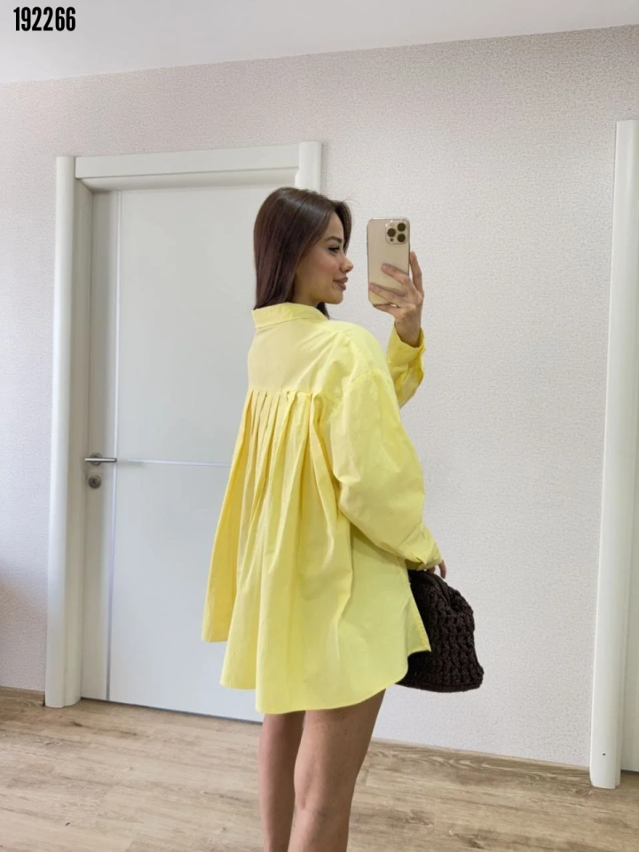 Oversize Pens Detaylı Cepli Yırtmaçlı Rahat Kalıp Poplin Gömlek Sarı