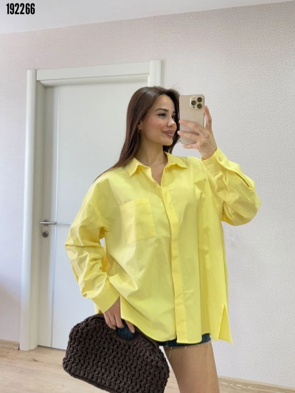 Oversize Pens Detaylı Cepli Yırtmaçlı Rahat Kalıp Poplin Gömlek Sarı