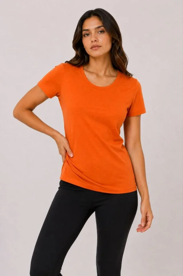 Basic Bisiklet Yaka Yazlık Slim Fit T-Shirt - Pudra Pembe - Turuncu (192474)
