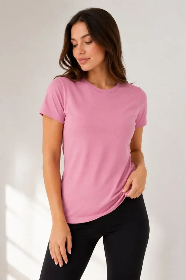 Basic Bisiklet Yaka Yazlık Slim Fit T-Shirt - Pudra Pembe - Turuncu (192474)