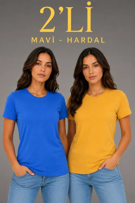 Basic Bisiklet Yaka Yazlık Slim Fit T-Shirt - Mavi - Hardal Sarısı (192476)