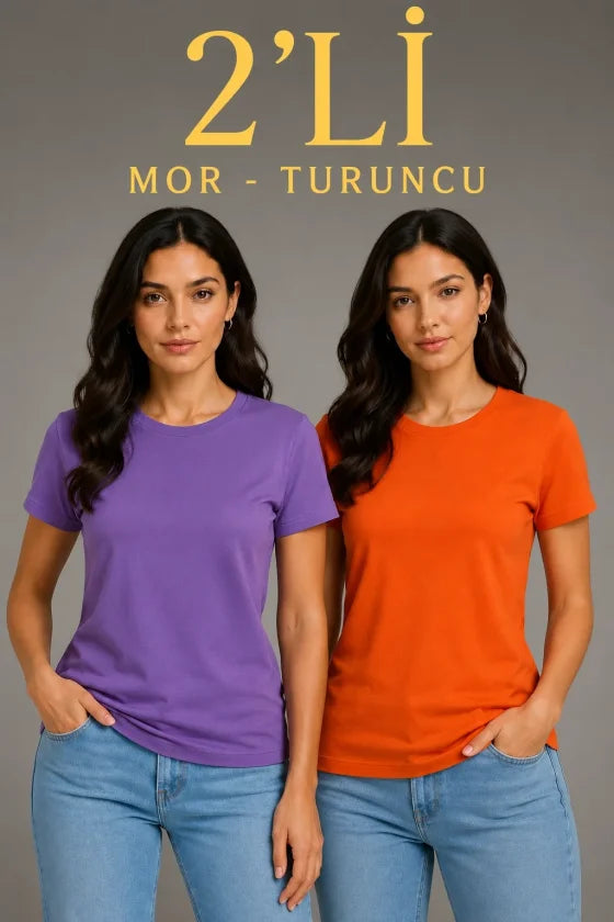 Basic Bisiklet Yaka Yazlık Slim Fit T-Shirt - Mor  - Turuncu (192477)