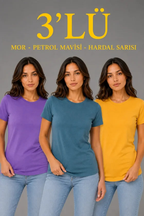3’lü Kısa Kollu Bisiklet Yaka Basic Slim Fit T-Shirt - Mor - Petrol Mavisi - Hardal (192488)