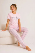 Pamuklu Penye Summer Baskılı Kısa Kollu Pijama Takımı Ekose Desenli - Pembe (192853)