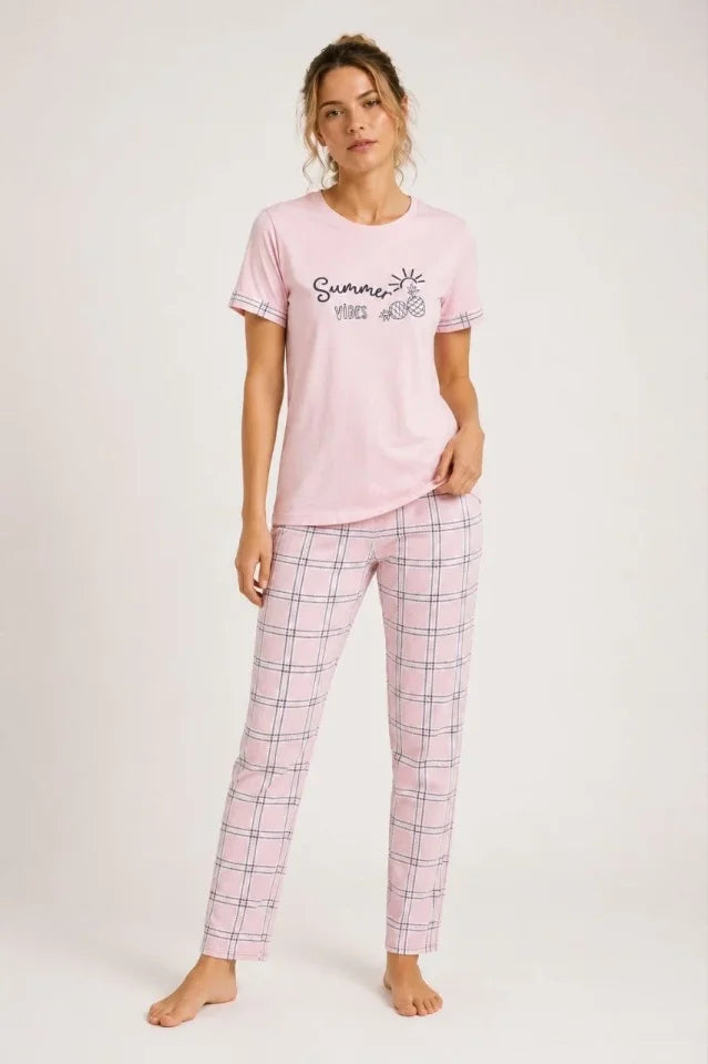Pamuklu Penye Summer Baskılı Kısa Kollu Pijama Takımı Ekose Desenli - Pembe (192853)