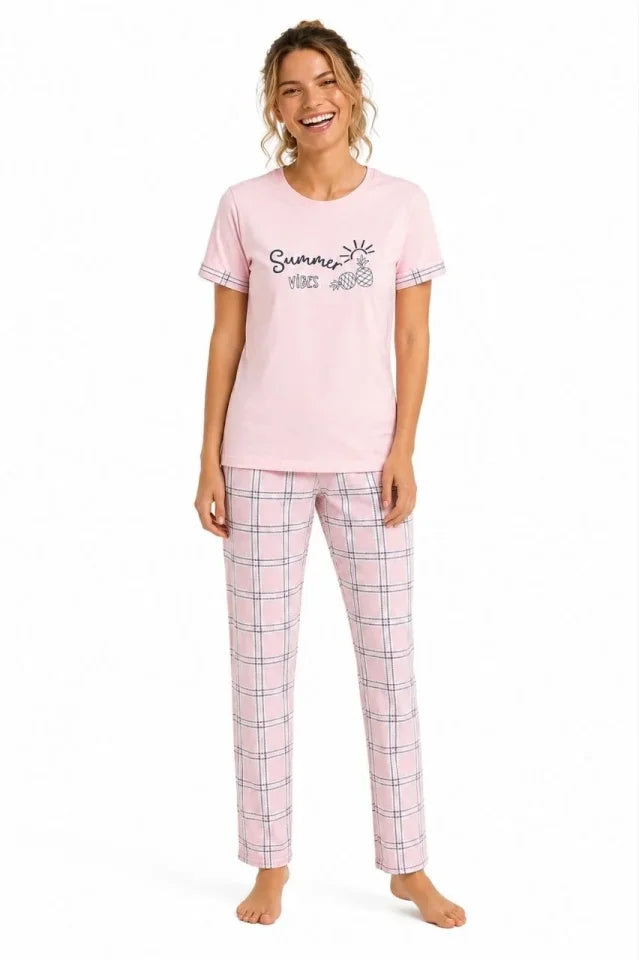 Pamuklu Penye Summer Baskılı Kısa Kollu Pijama Takımı Ekose Desenli - Pembe (192853)