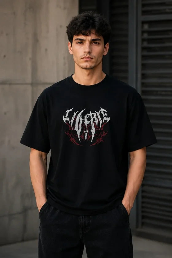 Erkek Gotik Yazı Baskılı Oversize Bisiklet Yaka T-shirt - Siyah (192918)
