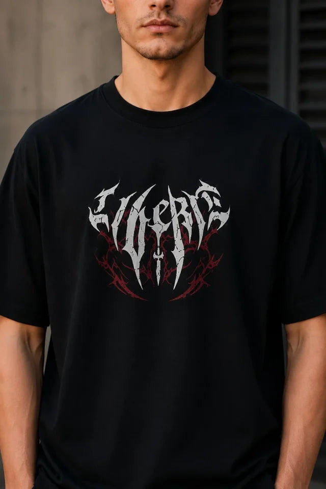 Erkek Gotik Yazı Baskılı Oversize Bisiklet Yaka T-shirt - Siyah (192918)