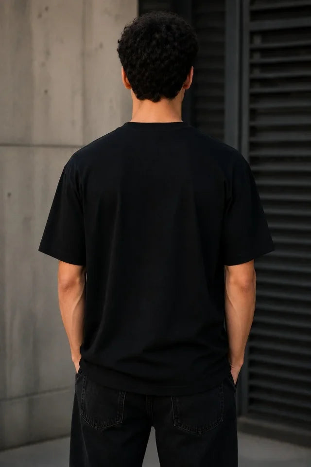 Erkek Gotik Yazı Baskılı Oversize Bisiklet Yaka T-shirt - Siyah (192918)