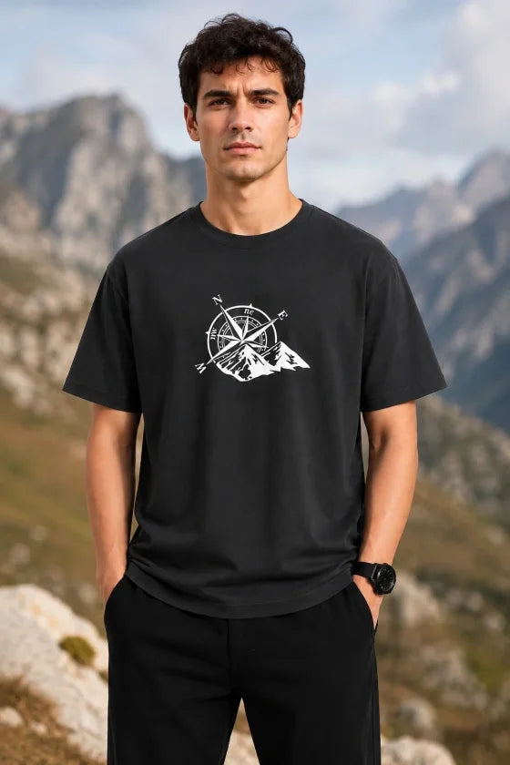 Erkek Outdoor Pusula Dağ Baskılı Kısa Kollu Oversize T-shirt - Siyah (192920)