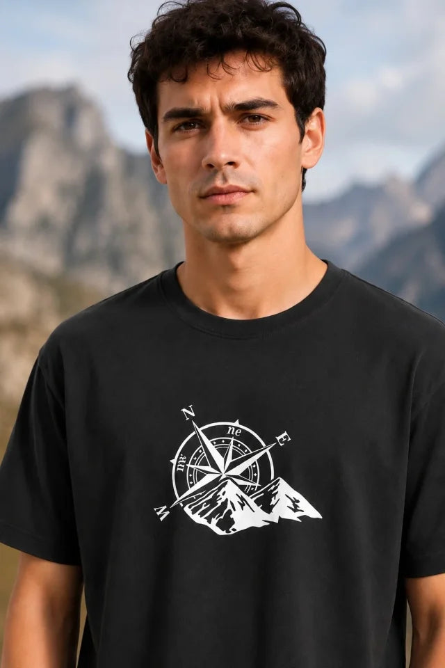 Erkek Outdoor Pusula Dağ Baskılı Kısa Kollu Oversize T-shirt - Siyah (192920)