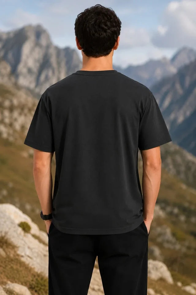 Erkek Outdoor Pusula Dağ Baskılı Kısa Kollu Oversize T-shirt - Siyah (192920)