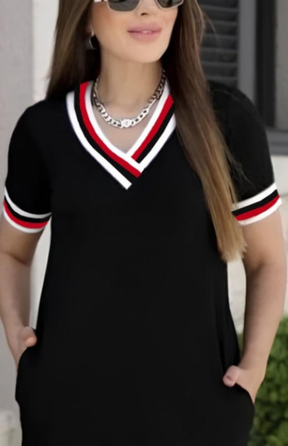 Kadın Kısa Kollu V Yaka Ribana Detay Midiboy Viskon Elbise (185867)