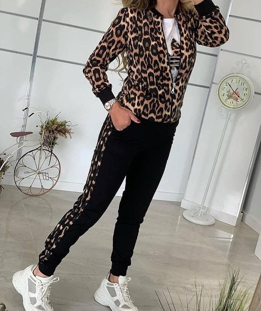 Kadın Uzun Kollu önden Fermuarlı Leopar Desen Detaylı Viskon Iki Iplik Kumaş Ikili Takım (179739)