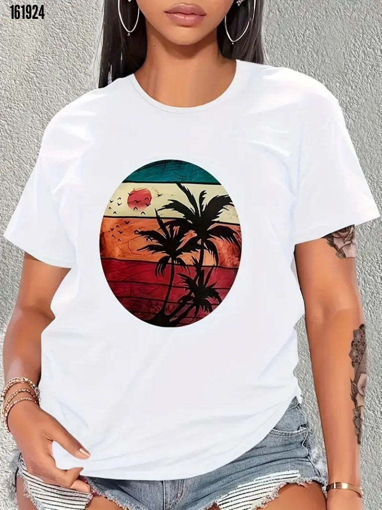 Kadın kısa kollu palmiye baskılı viskon tshirt