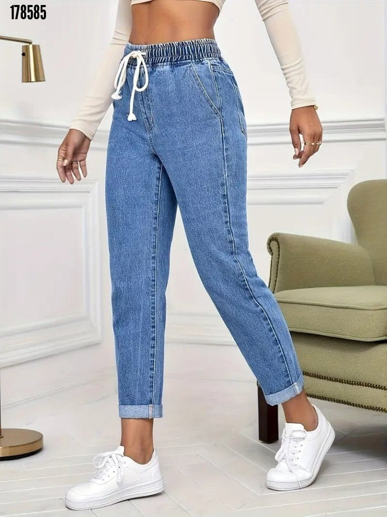 Kadın yüksek bel bağcıklı kot pantolon