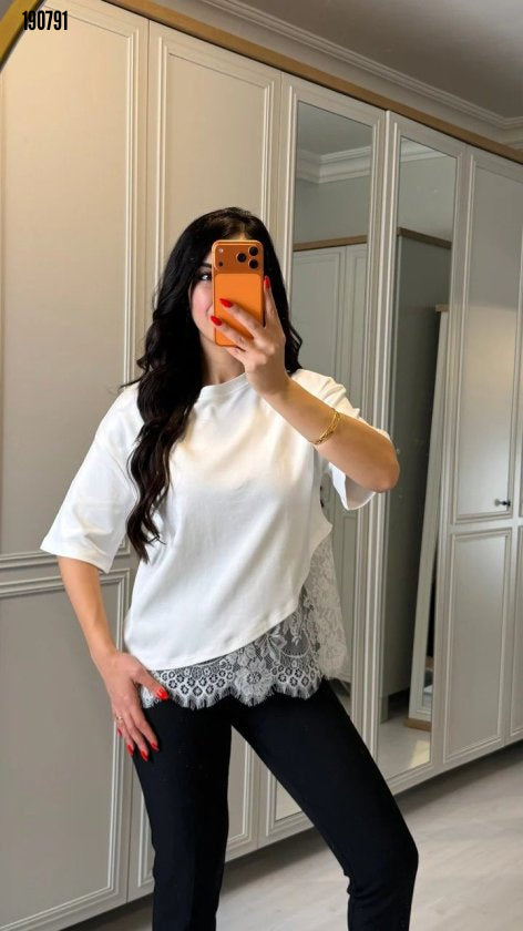 Kısa kollu bısıklet yakalı dantel detaylı vıskon ıkı ıplık bluz