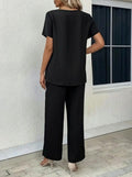 Kadın Kısa Kollu Bisiklet Yaka Asimetrik Kesim Detaylı Bürümcük Bluz Ve Pantolon Ikili Takım (185069)