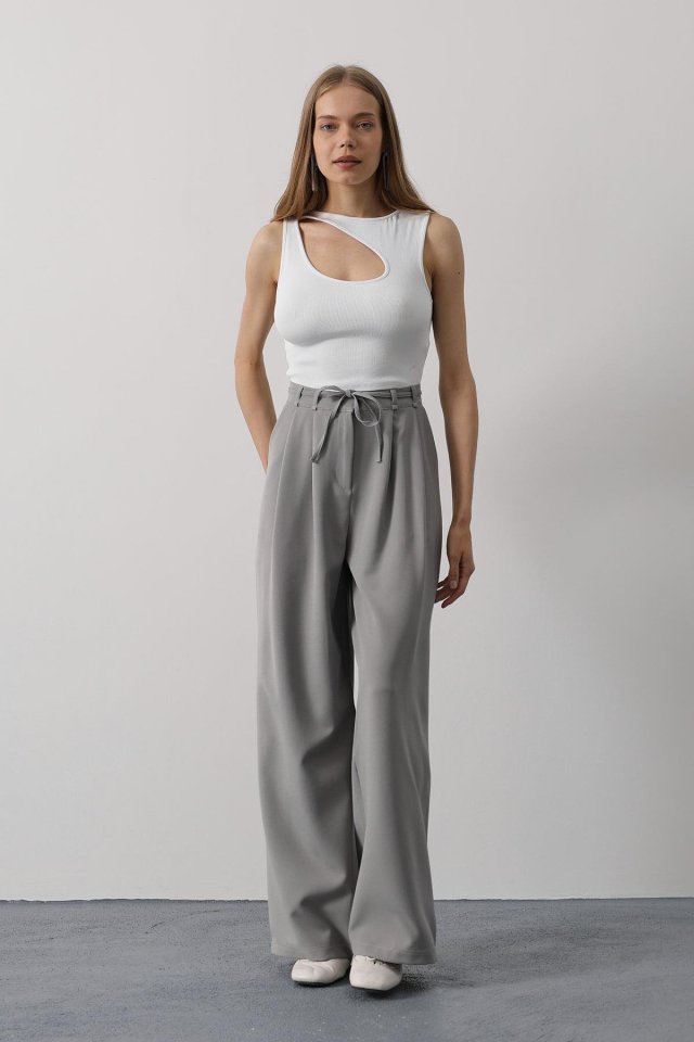 Pileli Bağcıklı Oversize Pantolon - Gri (162830)