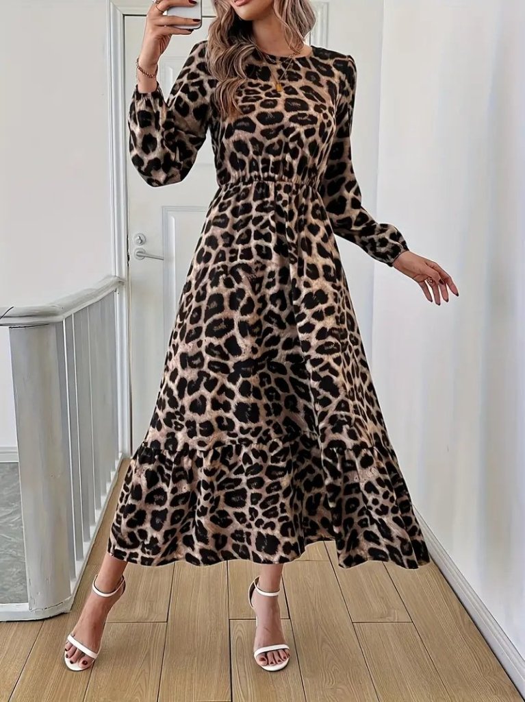 Uzun Kollu Bisiklet Yaka Leopar Desenli Midi Süprem Elbise (175234)