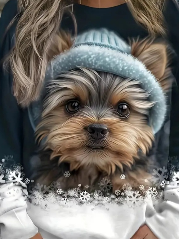 Kadın Uzun Kollu Bisiklet Yaka Köpek Baskılı Şardonlu Dalgıç Bluz (132864)